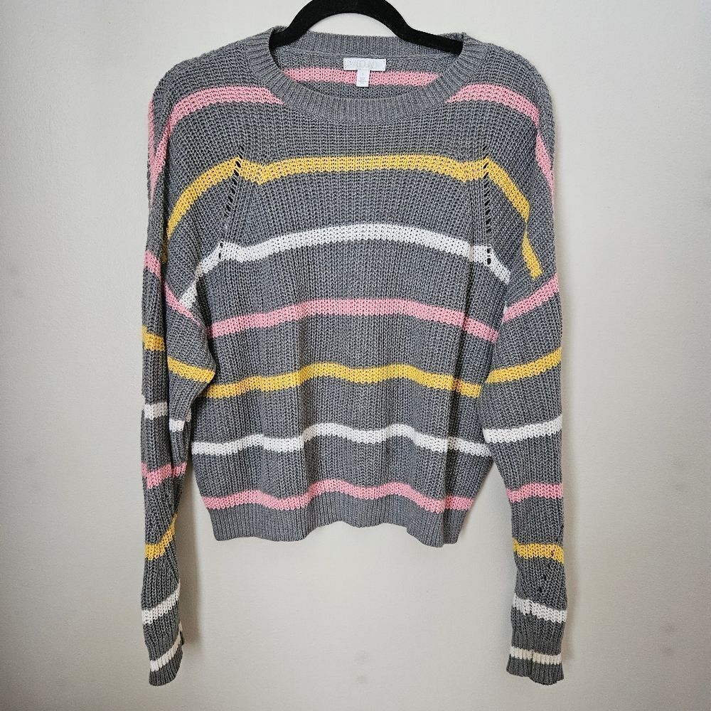 Abound Sweater Crewneck Gray Striped Pink Yellow White Knit Casual